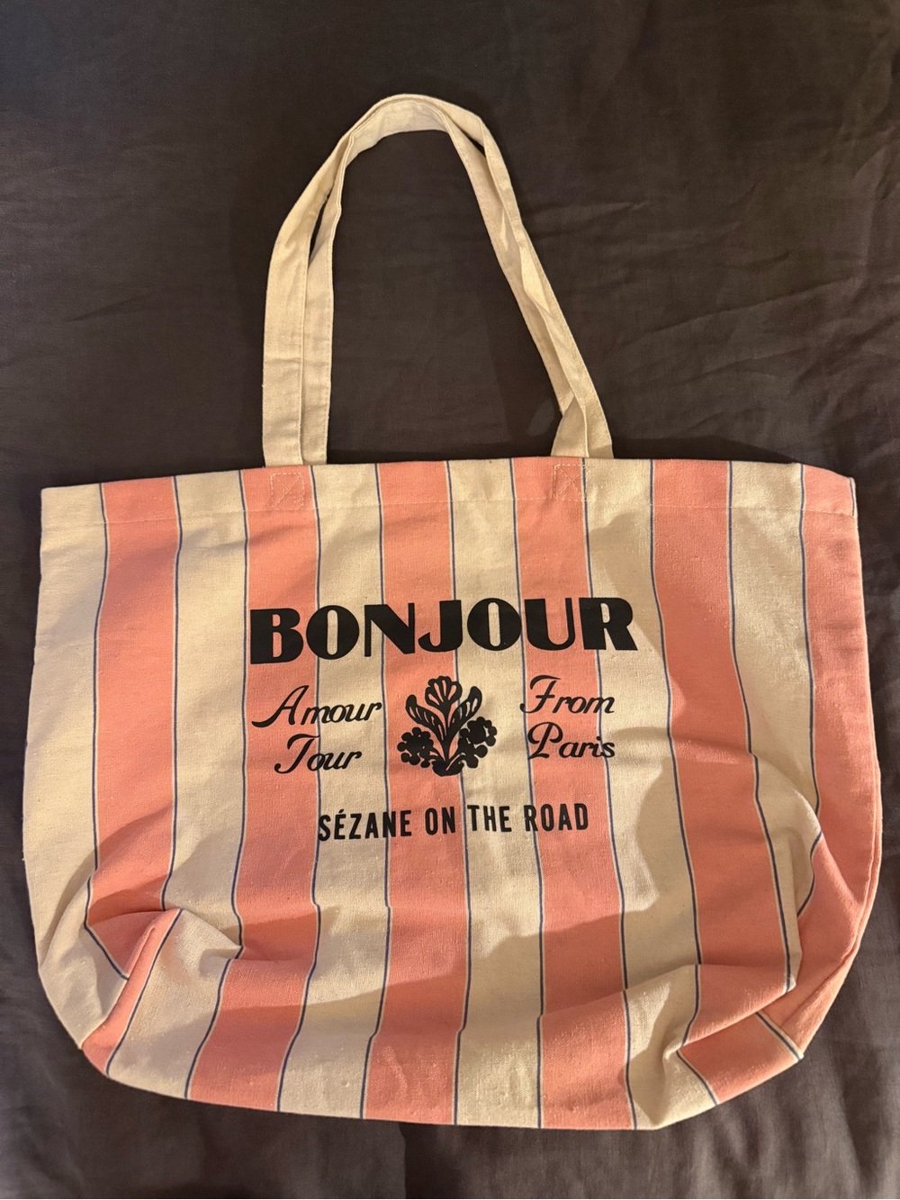 Sezane Bonjour Striped Canvas Tote Bag in Pink and Cream